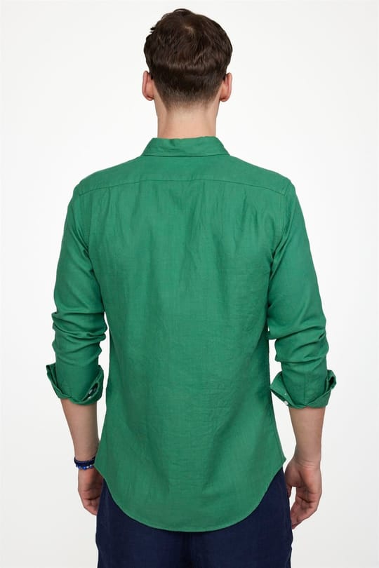 Erkek Slim Fit Dar Kesim %100 Pamuk Keten Doku Düğmeli Yaka Yeşil Gömlek