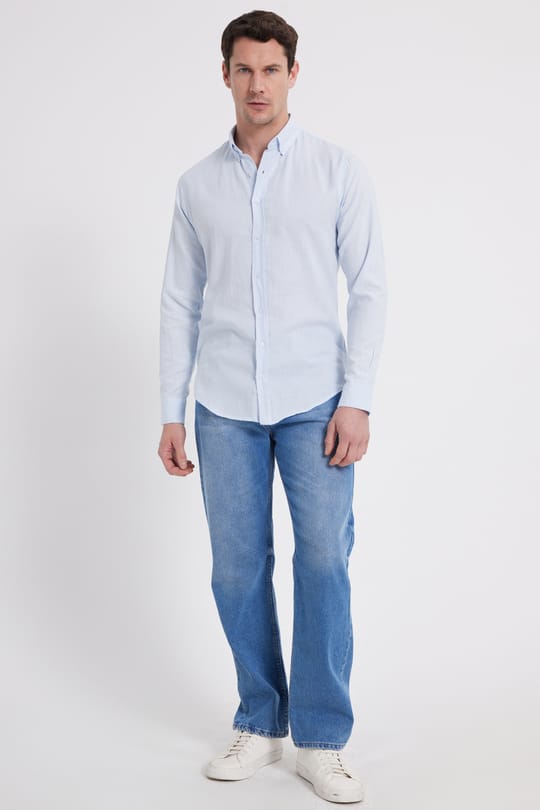 Erkek Slim Fit Dar Kesim %100 Pamuk Keten Doku Düğmeli Yaka Mavi Gömlek