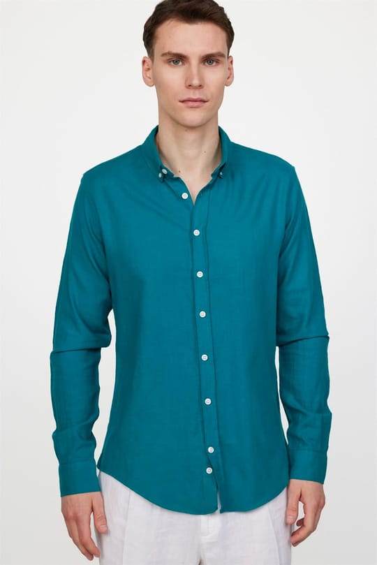 Erkek Slim Fit Dar Kesim %100 Pamuk Keten Doku Düğmeli Yaka Petrol Renk Gömlek