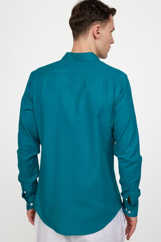 Erkek Slim Fit Dar Kesim %100 Pamuk Keten Doku Düğmeli Yaka Petrol Renk Gömlek