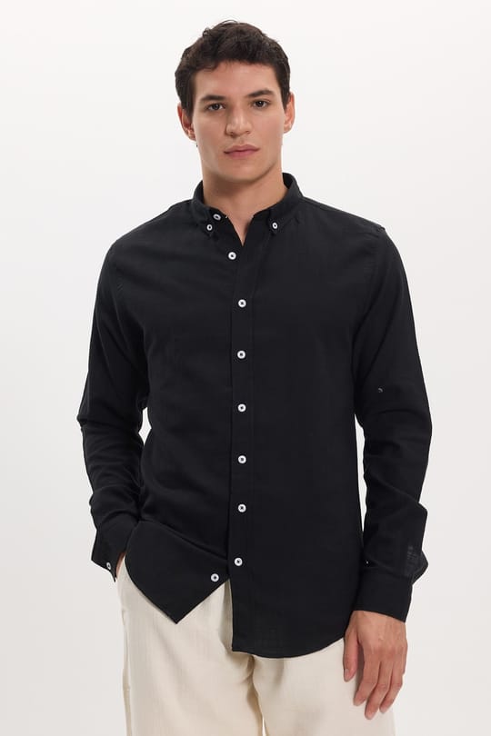 Erkek Slim Fit Dar Kesim %100 Pamuk Keten Doku Düğmeli Yaka Siyah Gömlek