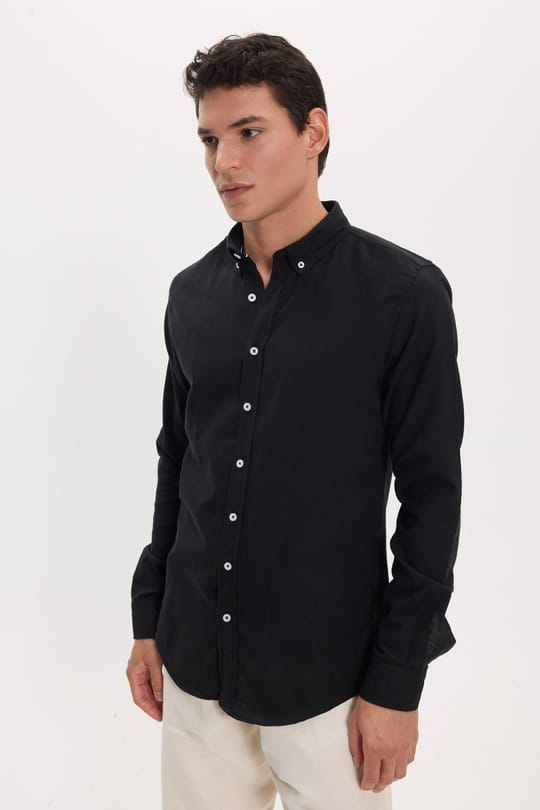 Erkek Slim Fit Dar Kesim %100 Pamuk Keten Doku Düğmeli Yaka Siyah Gömlek