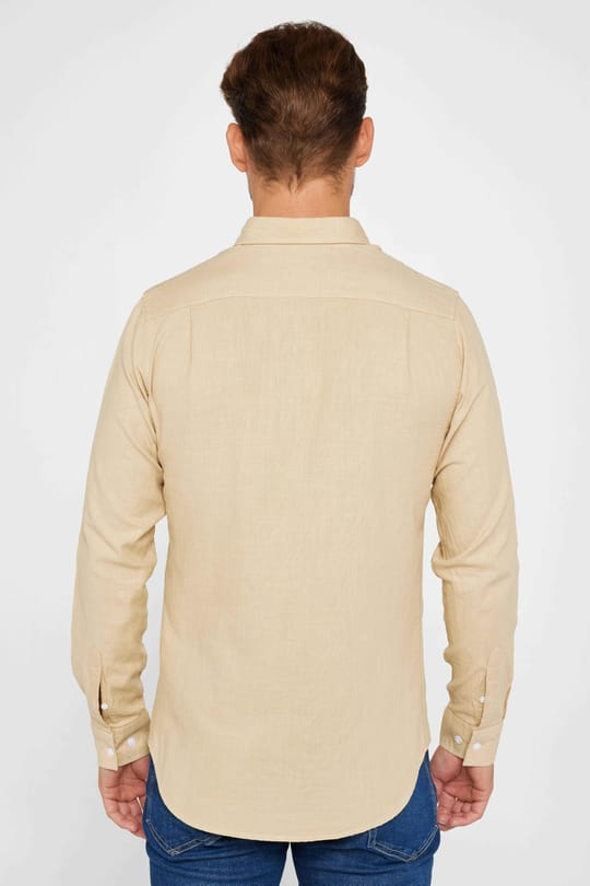 Erkek Slim Fit Dar Kesim %100 Pamuk Keten Doku Düğmeli Yaka Bej Gömlek