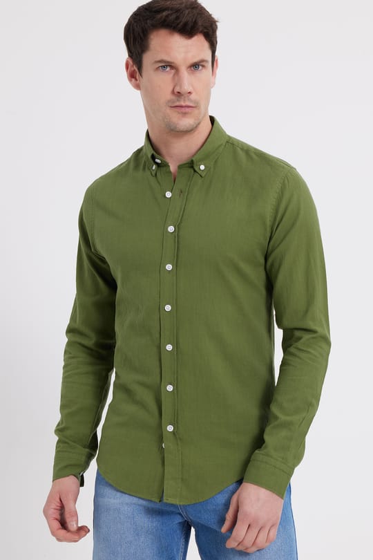 Erkek Slim Fit Dar Kesim %100 Pamuk Keten Doku Düğmeli Yaka Haki Gömlek