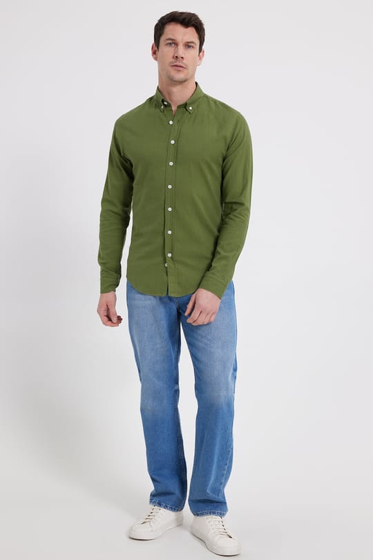 Erkek Slim Fit Dar Kesim %100 Pamuk Keten Doku Düğmeli Yaka Haki Gömlek