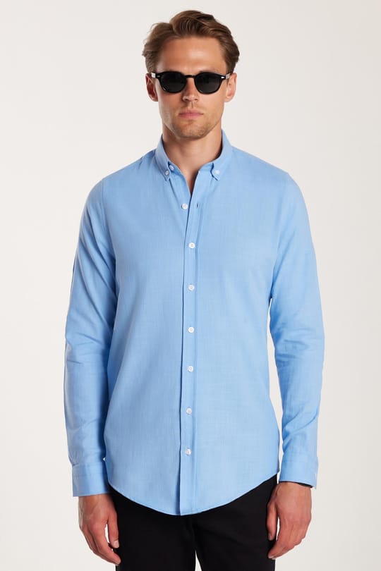 Erkek Slim Fit Dar Kesim %100 Pamuk Keten Doku Düğmeli Yaka Mavi Gömlek