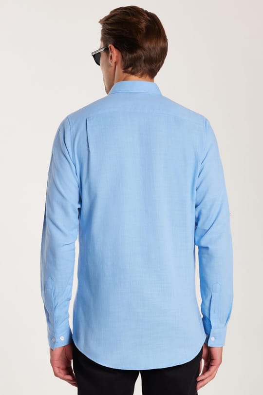 Erkek Slim Fit Dar Kesim %100 Pamuk Keten Doku Düğmeli Yaka Mavi Gömlek