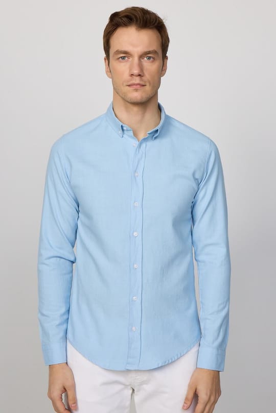Erkek Slim Fit Dar Kesim %100 Pamuk Keten Doku Düğmeli Yaka Mavi Gömlek