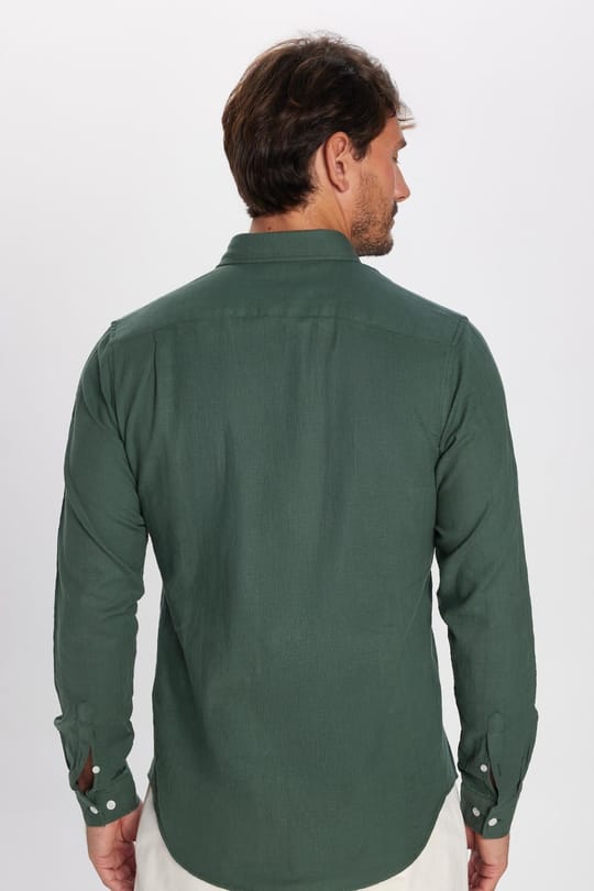 Erkek Slim Fit Dar Kesim %100 Pamuk Keten Doku Düğmeli Yaka Haki Gömlek