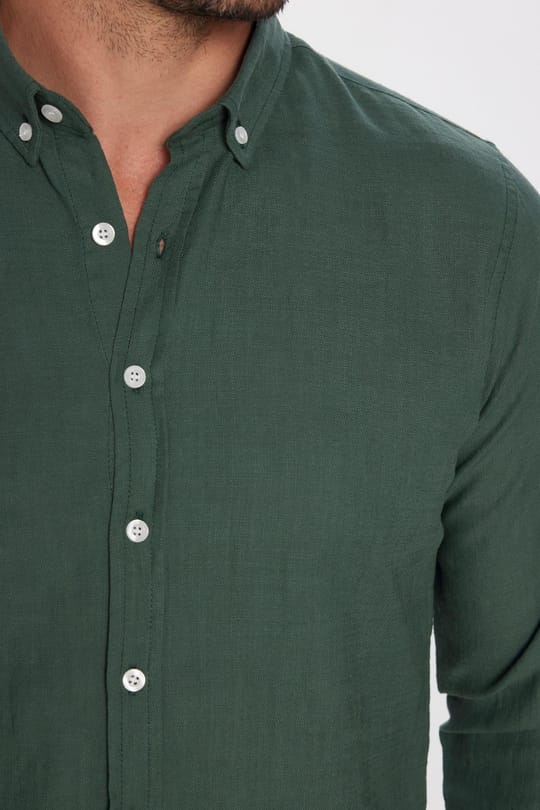 Erkek Slim Fit Dar Kesim %100 Pamuk Keten Doku Düğmeli Yaka Haki Gömlek