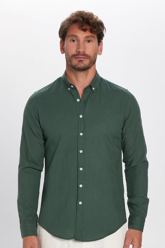Erkek Slim Fit Dar Kesim %100 Pamuk Keten Doku Düğmeli Yaka Haki Gömlek