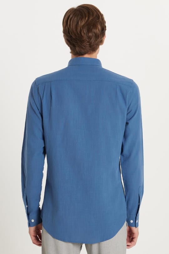 Erkek Slim Fit Dar Kesim %100 Pamuk Keten Doku Düğmeli Yaka Koyu Petrol Gömlek