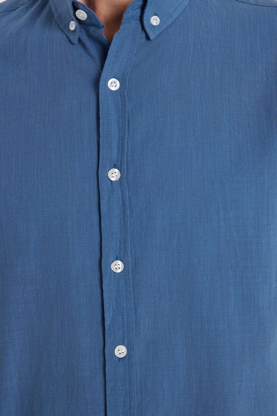 Erkek Slim Fit Dar Kesim %100 Pamuk Keten Doku Düğmeli Yaka Koyu Petrol Gömlek