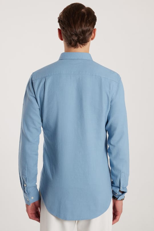 Erkek Slim Fit Dar Kesim %100 Pamuk Keten Doku Düğmeli Yaka Mavi Gömlek