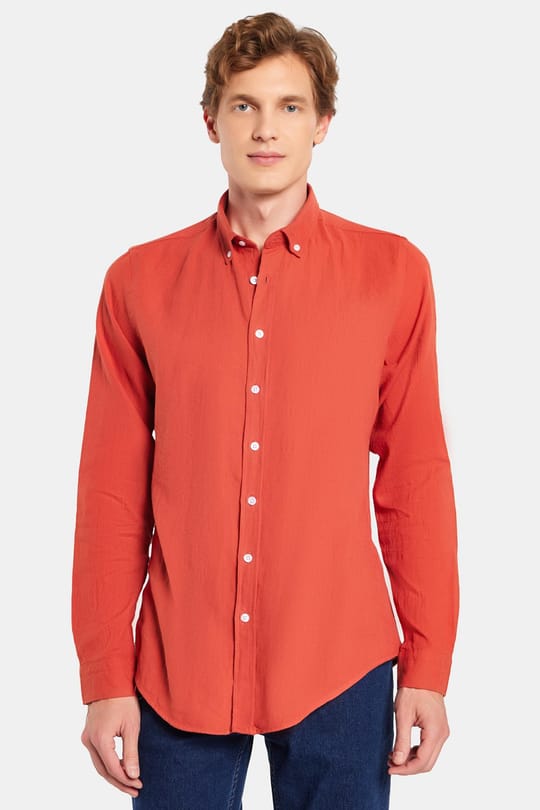 Erkek Slim Fit Dar Kesim %100 Pamuk Keten Doku Düğmeli Yaka Kiremit Gömlek
