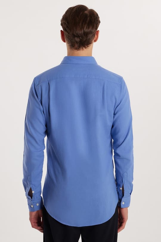 Erkek Slim Fit Dar Kesim %100 Pamuk Keten Doku Düğmeli Yaka Koyu Mavi Gömlek