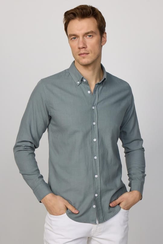 Slim Fit Uzun Kol Biyeli Yaka Düğmeli Keten Erkek Gri Gömlek