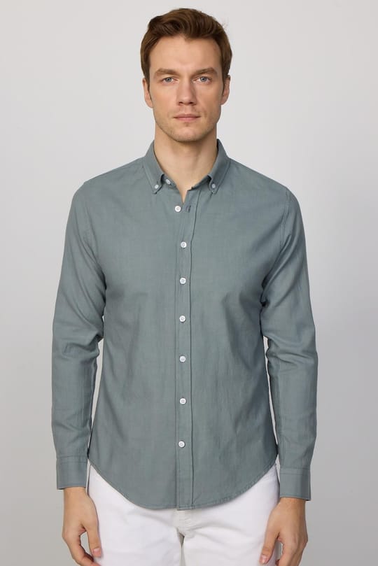 Erkek Slim Fit Dar Kesim %100 Pamuk Keten Doku Düğmeli Yaka Gri Gömlek
