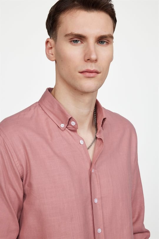 Erkek Slim Fit Dar Kesim %100 Pamuk Keten Doku Düğmeli Yaka Kiremit Renk Gömlek