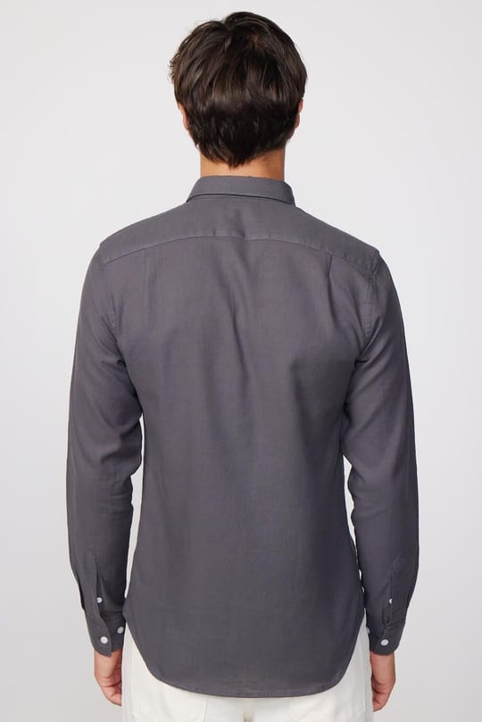 Erkek Slim Fit Dar Kesim %100 Pamuk Keten Doku Düğmeli Yaka Gri Gömlek