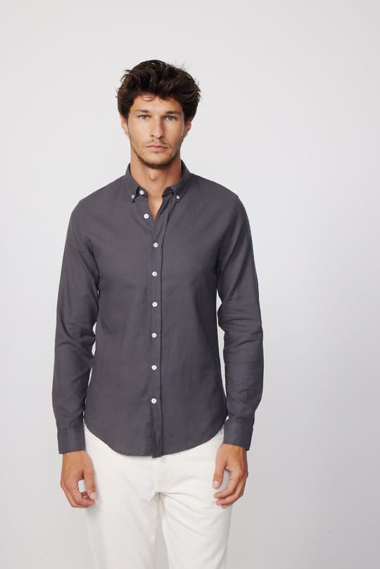 Erkek Slim Fit Dar Kesim %100 Pamuk Keten Doku Düğmeli Yaka Gri Gömlek
