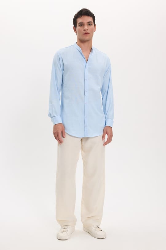 Erkek Slim Fit Dar Kesim Uzun Kollu %100 Pamuk Keten Doku Hakim Yaka Mavi Gömlek