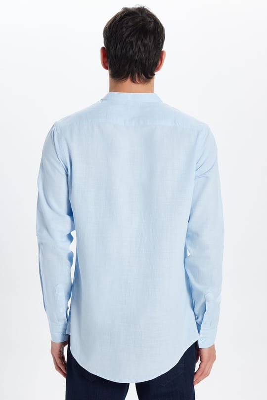 Erkek Slim Fit Dar Kesim Uzun Kollu %100 Pamuk Keten Doku Hakim Yaka Mavi Gömlek