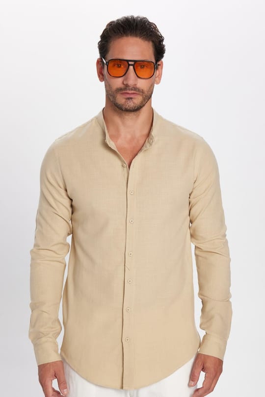 Erkek Slim Fit Dar Kesim Uzun Kollu %100 Pamuk Keten Doku Hakim Yaka Bej Gömlek