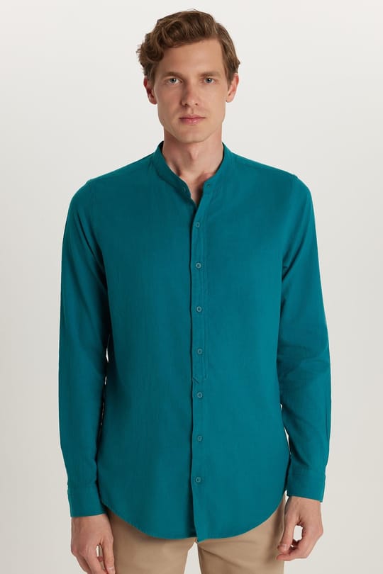 Erkek Slim Fit Dar Kesim Uzun Kollu %100 Pamuk Keten Doku Hakim Yaka Yeşil Gömlek