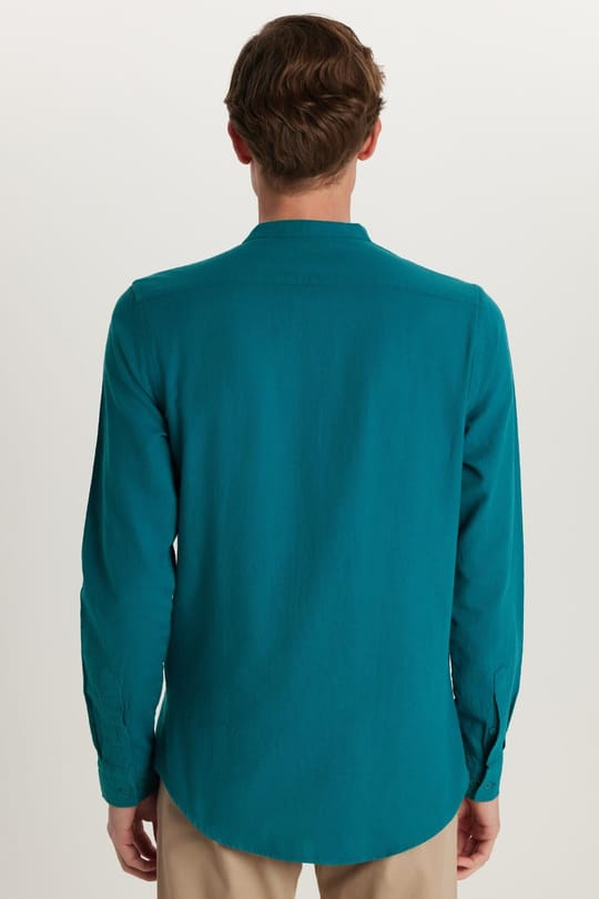 Erkek Slim Fit Dar Kesim Uzun Kollu %100 Pamuk Keten Doku Hakim Yaka Yeşil Gömlek