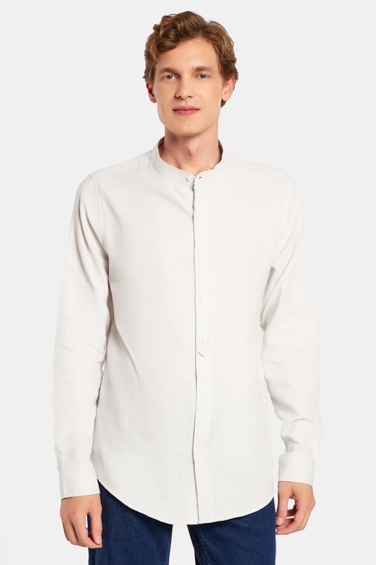 Erkek Slim Fit Dar Kesim Uzun Kollu %100 Pamuk Keten Doku Hakim Yaka Gri Gömlek