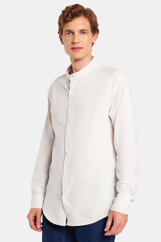 Erkek Slim Fit Dar Kesim Uzun Kollu %100 Pamuk Keten Doku Hakim Yaka Gri Gömlek