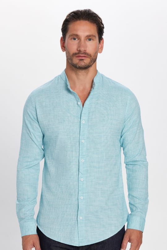 Erkek Slim Fit Dar Kesim Uzun Kollu %100 Pamuk Keten Doku Hakim Yaka Mint Gömlek