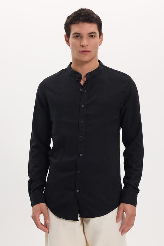 Erkek Slim Fit Dar Kesim Uzun Kollu %100 Pamuk Keten Doku Hakim Yaka Siyah Gömlek