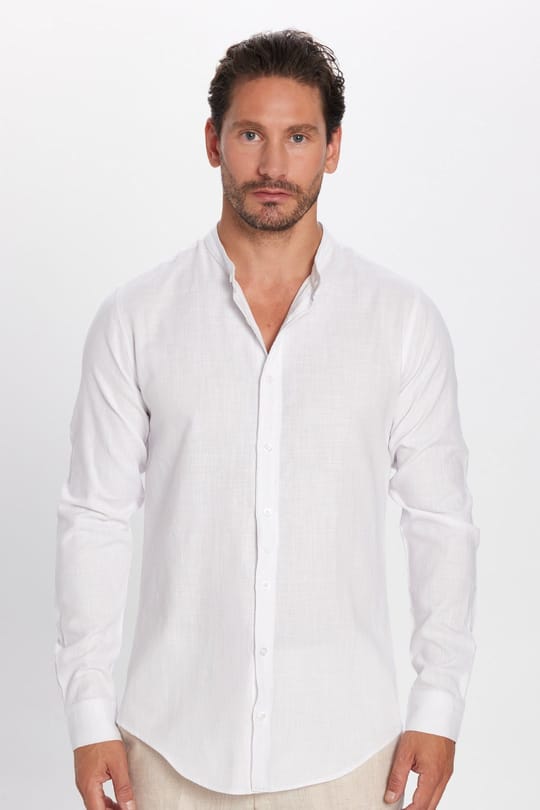 Erkek Slim Fit Dar Kesim Uzun Kollu %100 Pamuk Keten Doku Hakim Yaka Beyaz Gömlek