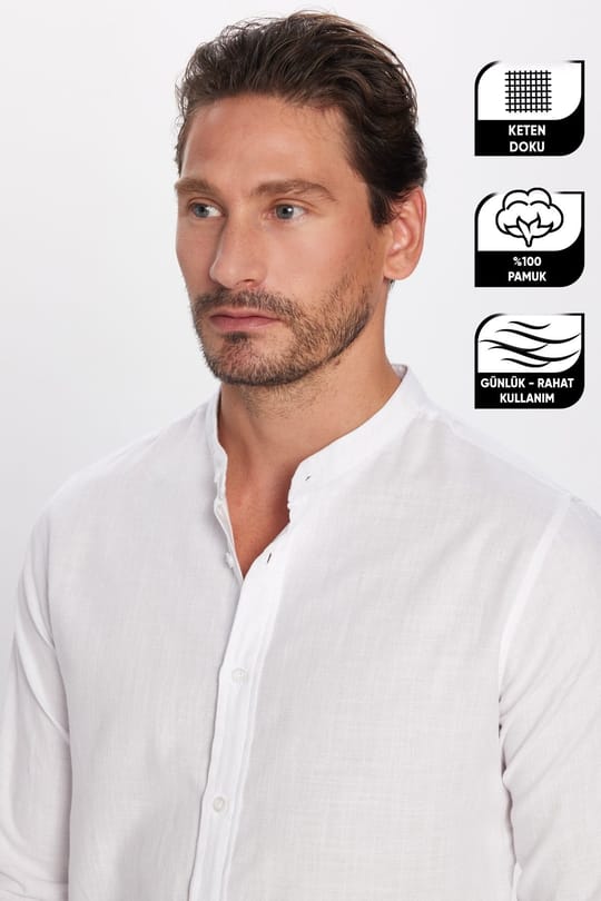 Erkek Slim Fit Dar Kesim Uzun Kollu %100 Pamuk Keten Doku Hakim Yaka Beyaz Gömlek
