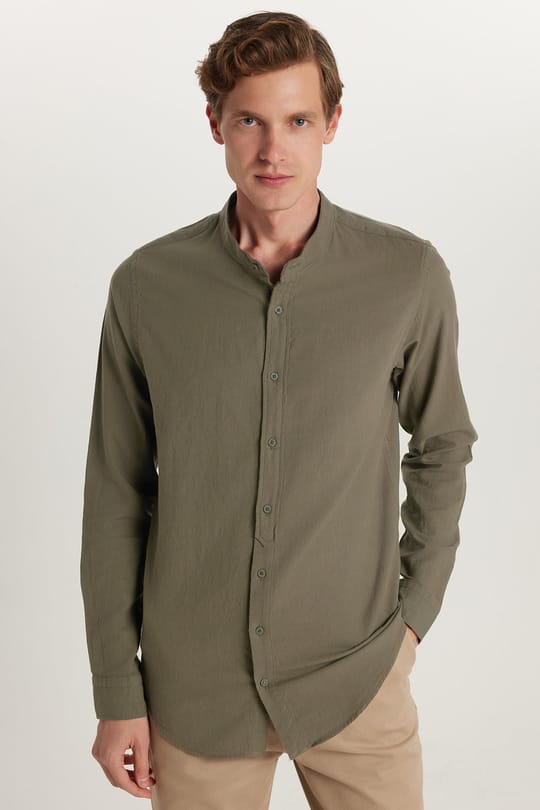 Erkek Slim Fit Dar Kesim Uzun Kollu %100 Pamuk Keten Doku Hakim Yaka Haki Gömlek