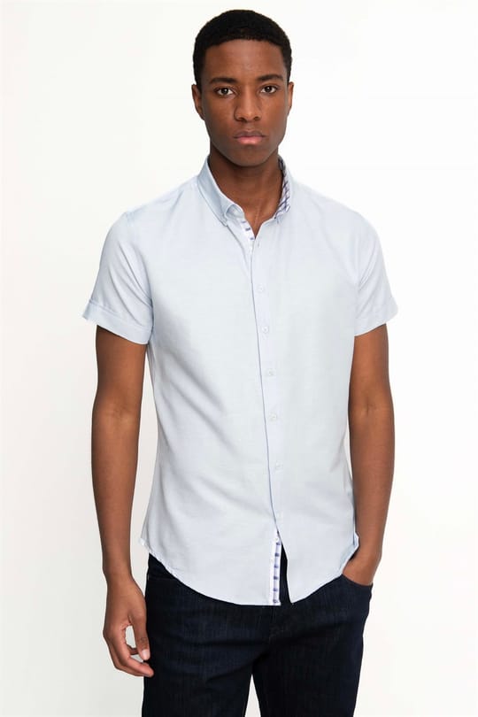 Slim Fit Kısa Kol Düğmeli Yaka Poplin Oxford Erkek Gömlek
