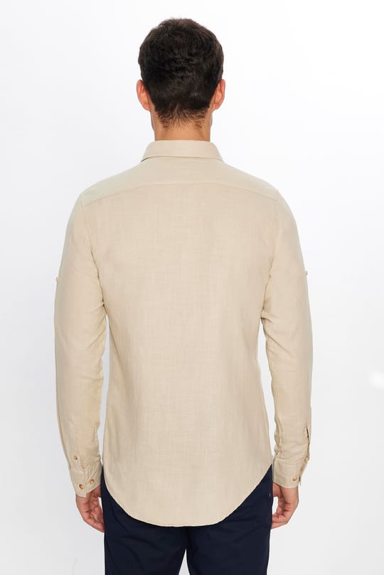 Erkek Slim Fit Dar Kesim %100 Pamuk Keten Doku Çift Cep Spor Yaka Taş Rengi Gömlek