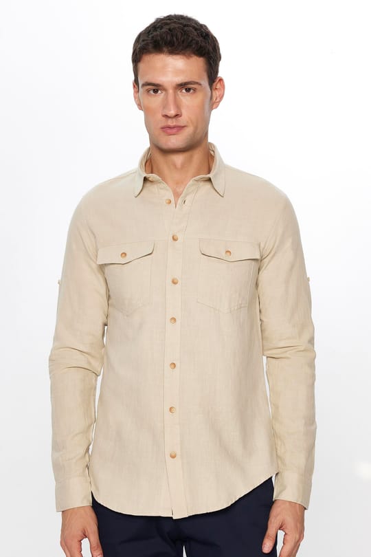 Erkek Slim Fit Dar Kesim %100 Pamuk Keten Doku Çift Cep Spor Yaka Taş Rengi Gömlek