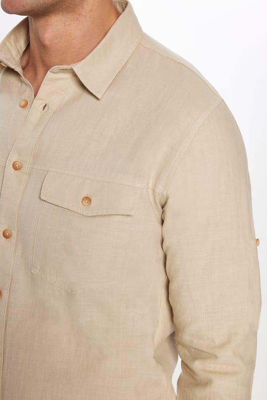 Erkek Slim Fit Dar Kesim %100 Pamuk Keten Doku Çift Cep Spor Yaka Taş Rengi Gömlek