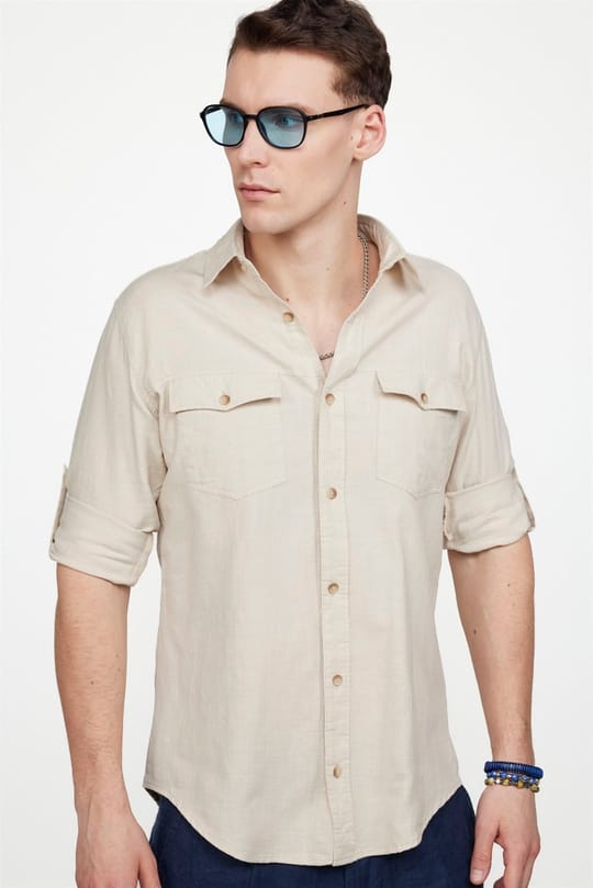Erkek Slim Fit Dar Kesim %100 Pamuk Keten Doku Çift Cep Spor Yaka Taş Renk Gömlek