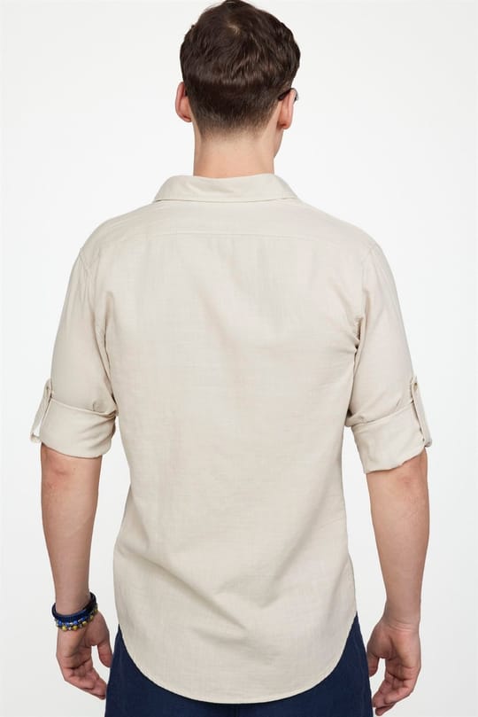 Erkek Slim Fit Dar Kesim %100 Pamuk Keten Doku Çift Cep Spor Yaka Taş Renk Gömlek
