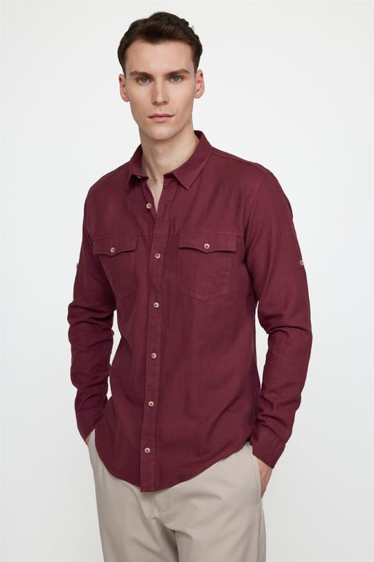 Erkek Slim Fit Dar Kesim %100 Pamuk Keten Doku Çift Cep Spor Yaka Bordo Gömlek