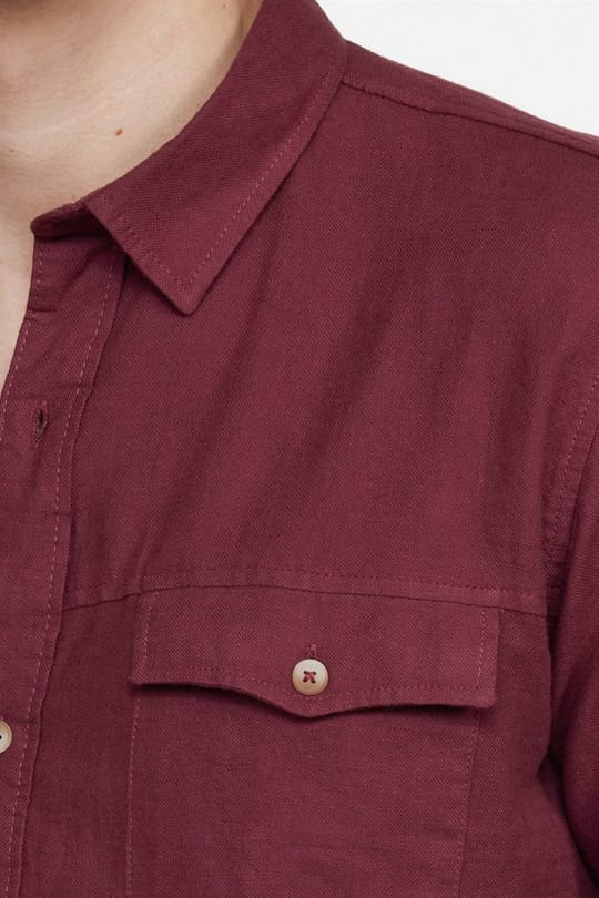 Erkek Slim Fit Dar Kesim %100 Pamuk Keten Doku Çift Cep Spor Yaka Bordo Gömlek