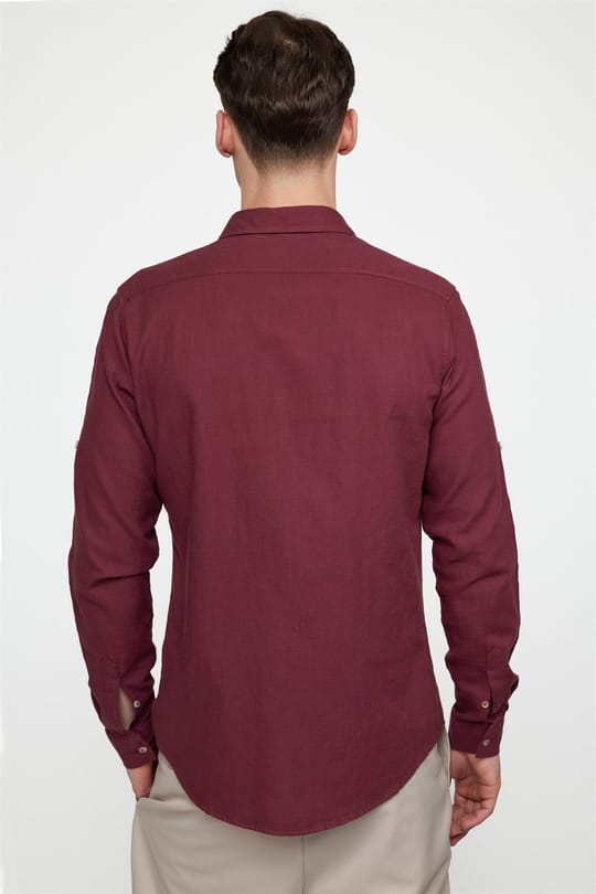 Erkek Slim Fit Dar Kesim %100 Pamuk Keten Doku Çift Cep Spor Yaka Bordo Gömlek