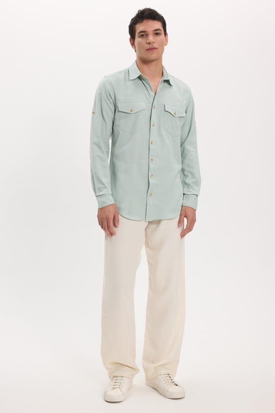 Erkek Slim Fit Dar Kesim %100 Pamuk Keten Doku Çift Cep Spor Yaka Yeşil Gömlek