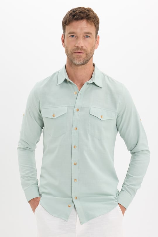 Erkek Slim Fit Dar Kesim %100 Pamuk Keten Doku Çift Cep Spor Yaka Yeşil Gömlek