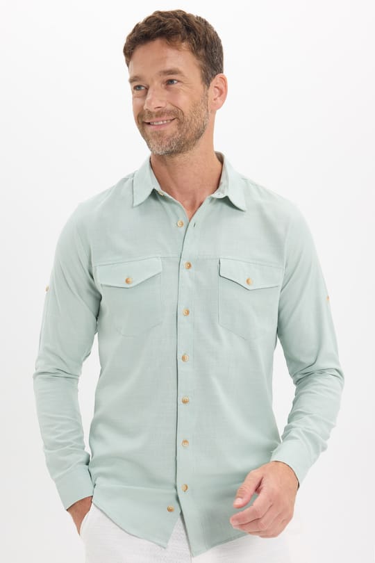 Erkek Slim Fit Dar Kesim %100 Pamuk Keten Doku Çift Cep Spor Yaka Yeşil Gömlek