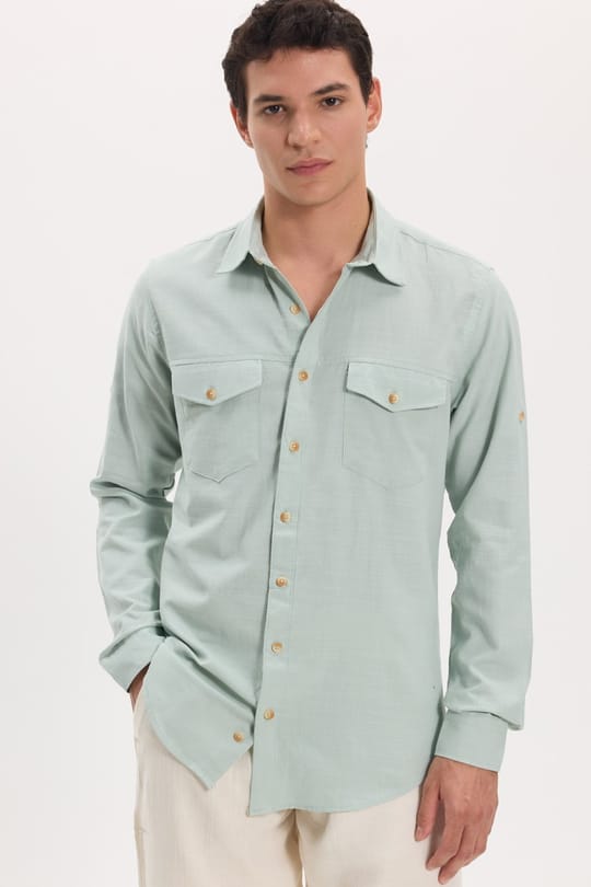 Erkek Slim Fit Dar Kesim %100 Pamuk Keten Doku Çift Cep Spor Yaka Yeşil Gömlek